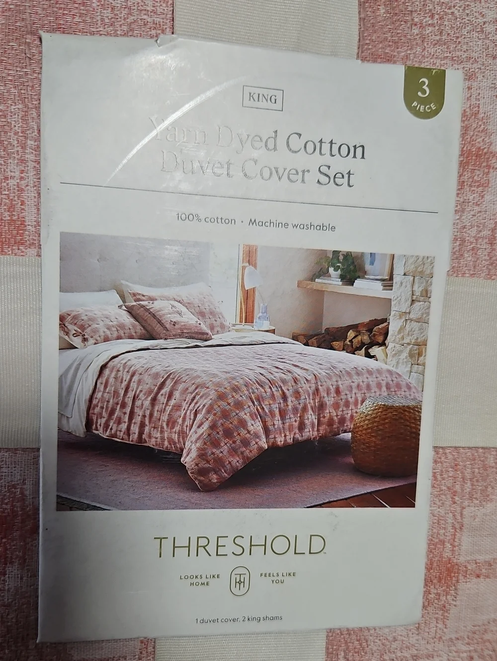 THRESHOLD YARN DYED KING COTTON DUVET SET: PINK IKAT: NEW WITH TAGS